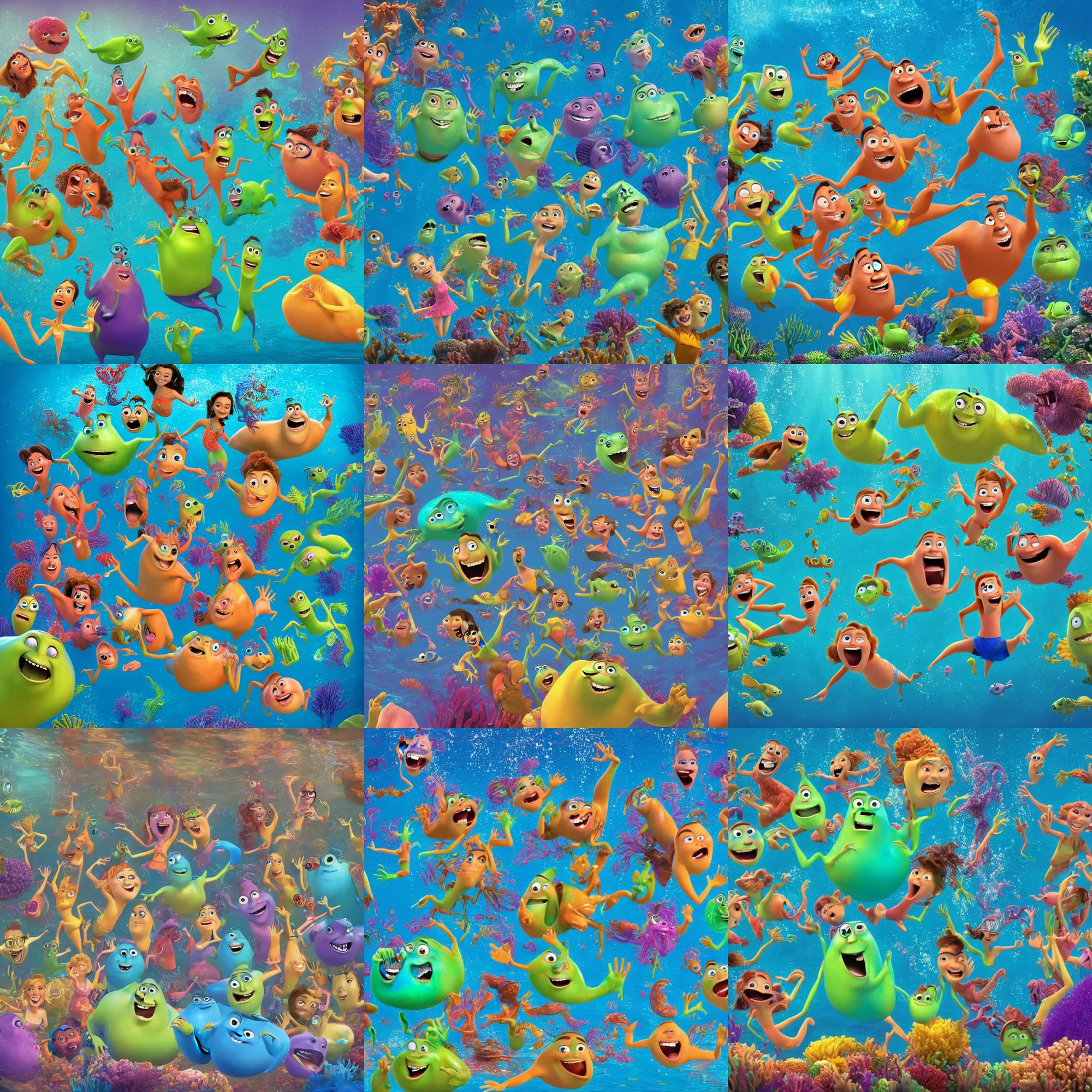 Prompt: full body shot of a bunch of people dancing underwater, pixar illumination studios animated movie by john lasseter, fun!!! happy!!! extremely joyful and eerie smiles, slimy fluid liquid