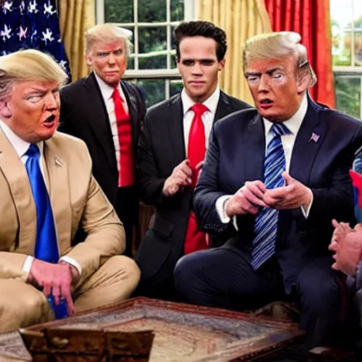 Image similar to a scene from the tv show, the boys, featuring donald trump as homelander.