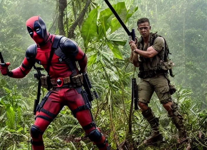 Image similar to film still of deadpool fighting in the jungles during the vietnam war in the new deadpool movie, 4 k