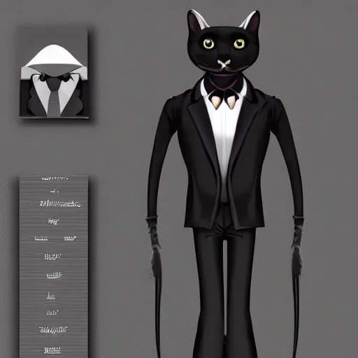 Prompt: A reference sheet for a formally dressed anthropomorphic black cat, digital art