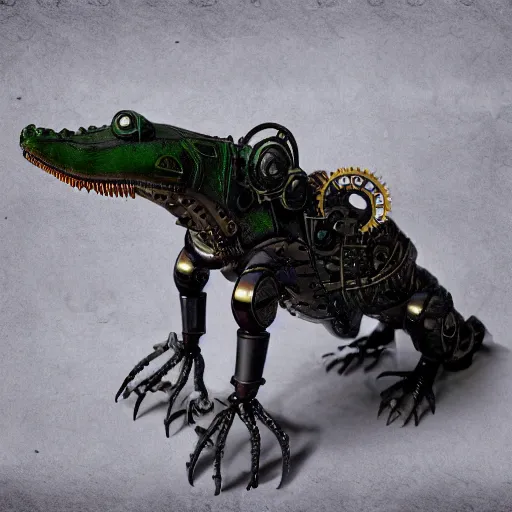 Image similar to a steampunk robotic alligator, dark background, super - detailed, photo - realistic,