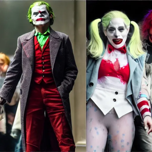 Image similar to 8 k uhd footage from new joker movie, joaquin phoenix as joker and lady gaga as harley quin, paparazzi shot, uhd details