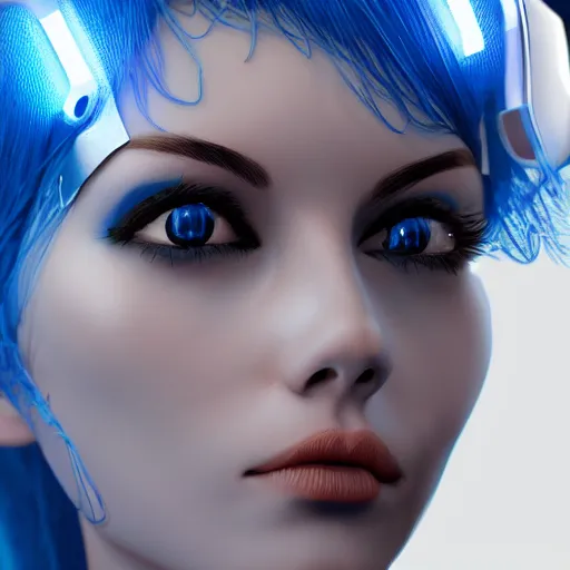 Prompt: a beautiful woman with blue hair wearing robot suit with wires and light, highly detailed, photorealistic, artstation, smooth