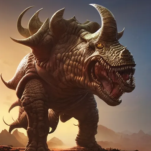 Prompt: a hulking triceratops warrior, by adi granov and noah bradley, apex legends character portrait, hero pose, rim lighting, highly detailed, wide angle dynamic action portrait, digital illustration, rendered in unreal engine 5.