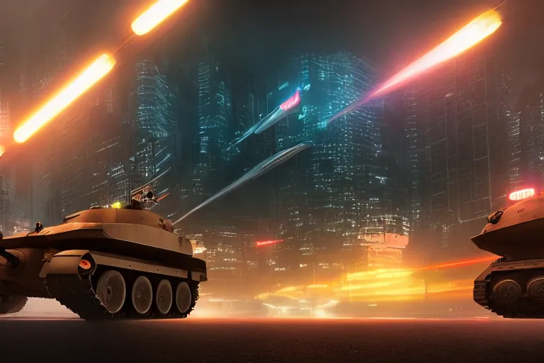 Image similar to large futuristic tank with 3 turrets taking over a futuristic city on fire, night, fog, thunder, rain, cinematic, volumetric lighting, f 8 aperture, cinematic eastman 5 3 8 4 film, photorealistic