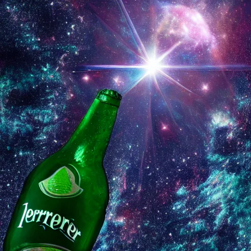 Prompt: a photo of a bottle of Perrier in space with nebula, we can see the space through the bottle, beautiful, hyper realistic, photorealistic, transparence, reflections, refraction, caustics, raytracing, 8K, trending on artstationHQ