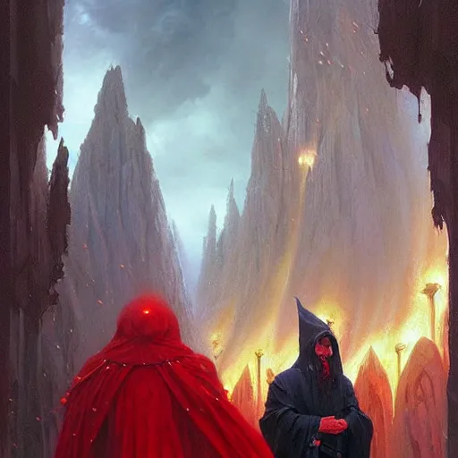 Image similar to fantasy painting with a wizard in red robes in a surreal environment by greg rutkowski and michael whelan w 1 0 2 4