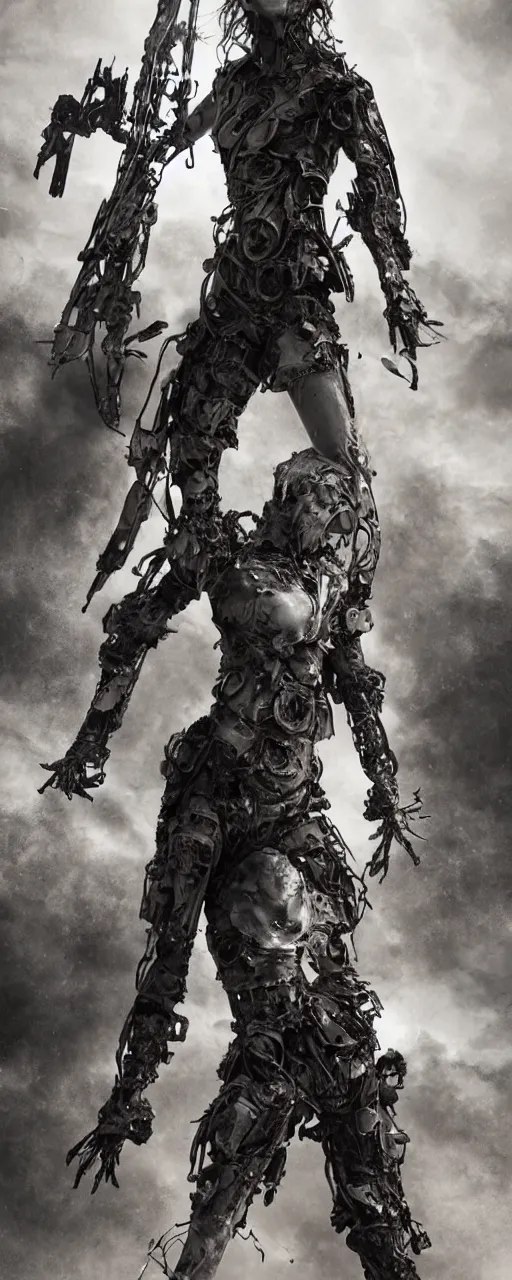 Image similar to Emma Watson fractal armour twinned conjoined sisters action poses dishevelled photorealistic portrait grimy sweating wet face dirty t-shirt and torn jeans in broken biomechanical fractal armour abandoned exploding sci-fi gas station, dark and dim atmospheric smog trending on artstation 8k matte painting, dramatic lighting, dramatic shadows professional photograph by Irving Penn