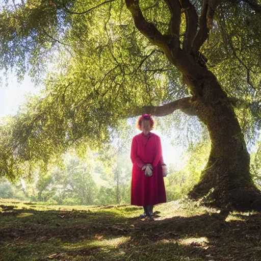 Prompt: a woman standing close to a tree