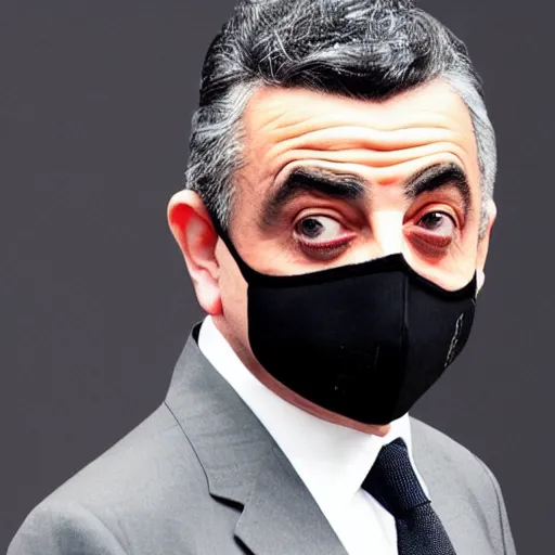 Prompt: rowan atkinson with kn 9 5 face mask