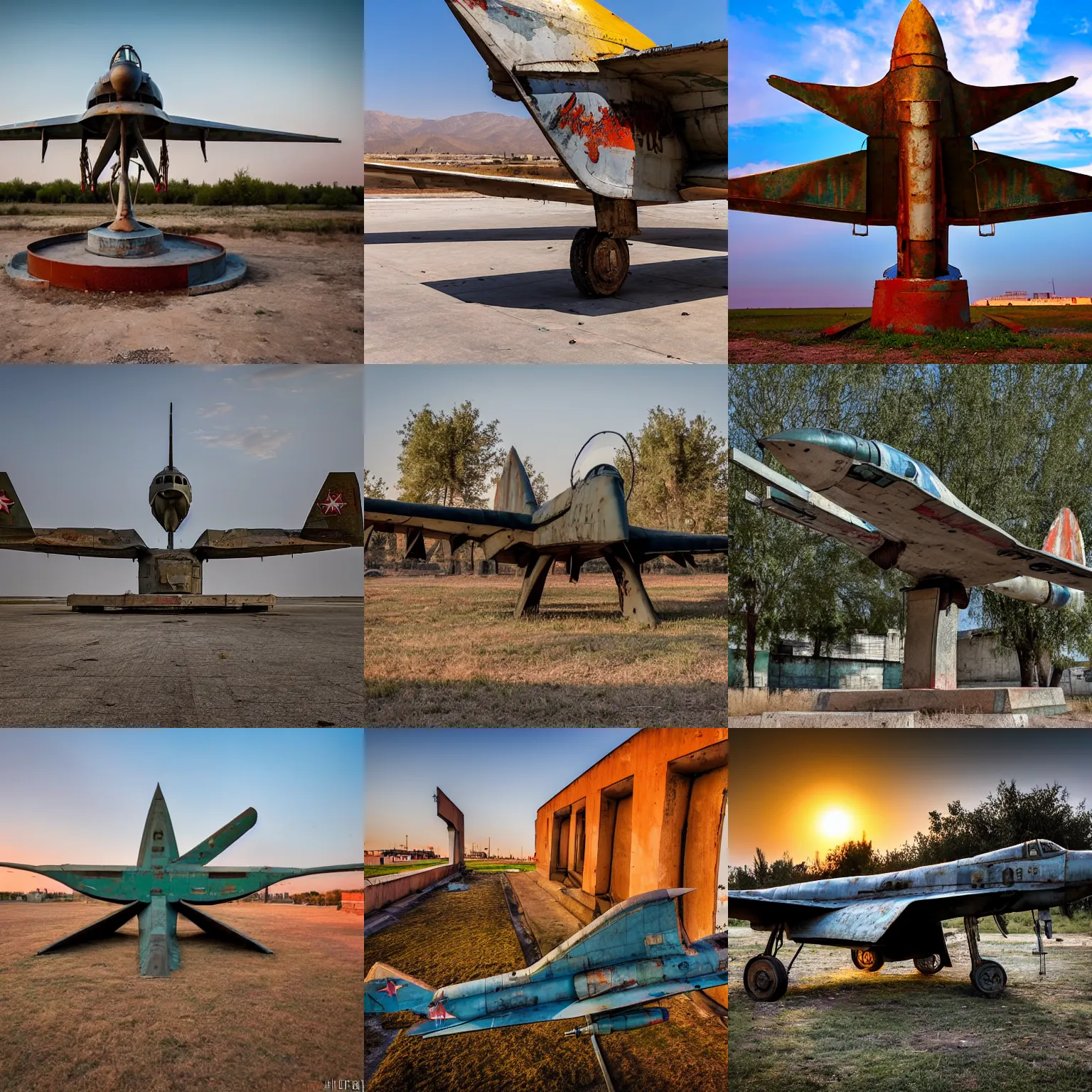 Prompt: abandoned rusty soviet mig - 2 1 monument in central asia, high quality, award winning photography, golden hour