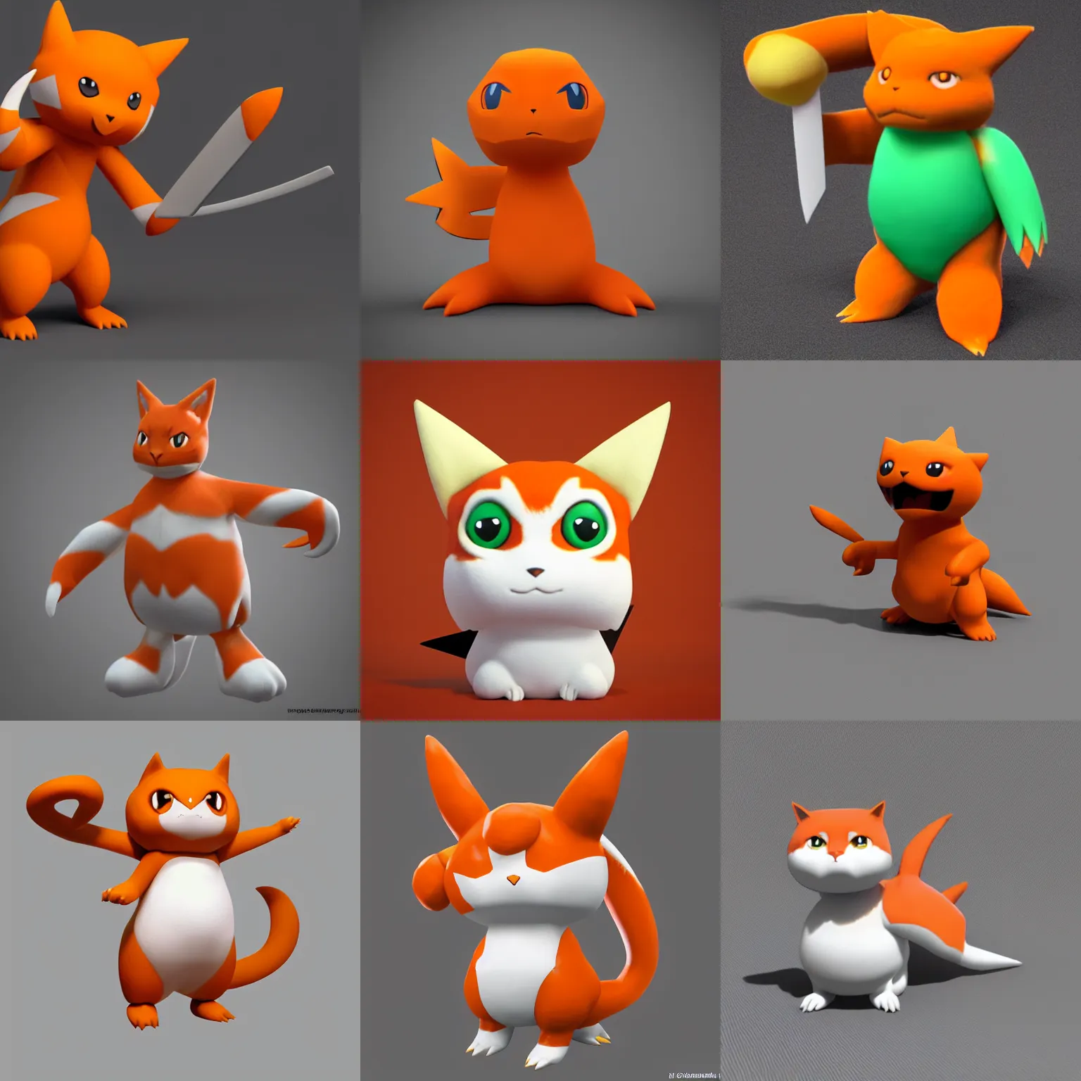 Prompt: “new pokémon creature based on an orange and white cat with a huge sword, 3d render claymation, high definition, white background”