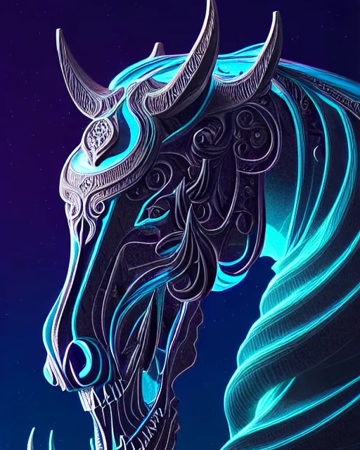 Image similar to 3 d ornate carved dark cosmic horse with profile portrait, sigma 5 0 0 mm f / 5. beautiful intricate highly detailed horse skull. bioluminescent, plasma, lava, ice, water, wind, creature, thunderstorm! artwork by tooth wu and wlop and beeple and greg rutkowski, 8 k trending on artstation