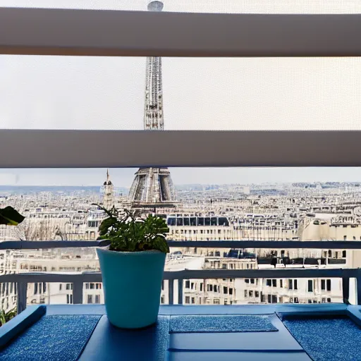 Prompt: clay pot on balcony overlooking paris eiffel tower, light pastel blue sky and clouds in the background, softly - lit, soft - warm, zen, light, modern minimalist f 2 0 clean