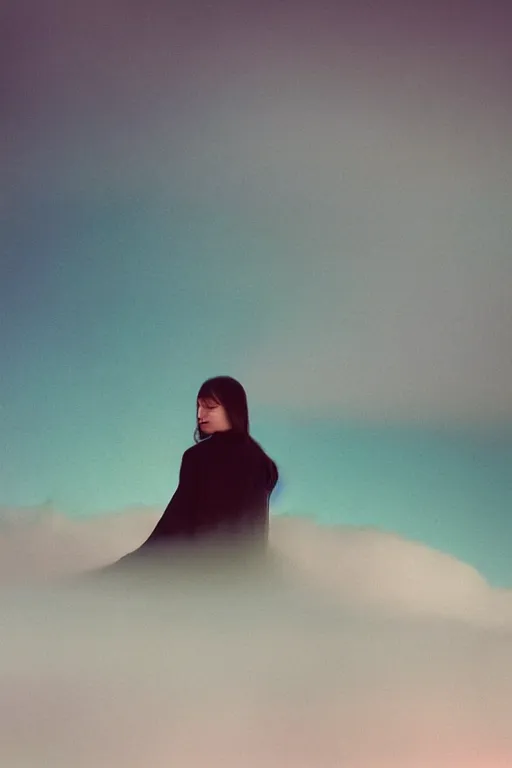 Image similar to high quality pastel coloured film close up wide angle photograph of a model wearing clothing resting on cloud furniture in a icelandic black rock!! environment in a partially haze filled dreamstate world. three point light, rainbow. photographic production. art directed. pastel colours. volumetric clouds. pastel gradient overlay. waves glitch artefacts. extreme facial clarity. 8 k. filmic.