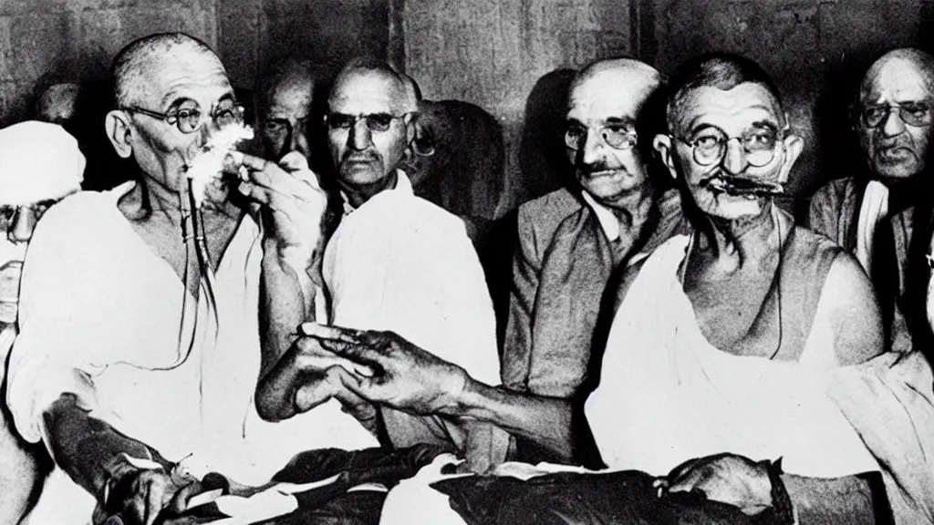 Image similar to gandhi smoking infront of press in a conference, historic old photograph