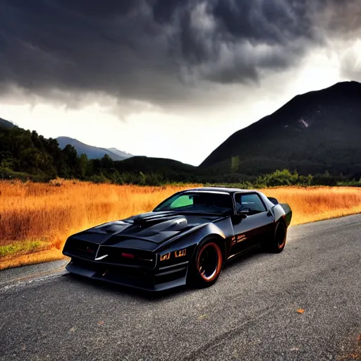 Image similar to black pontiac firebird trans - am driving towards the camera, mountain, valley, breathtaking mountains, lake, dynamic, sunrise, cinematic, motionblur, sunbeams, volumetric lighting, wide shot, low angle, large lightning storm