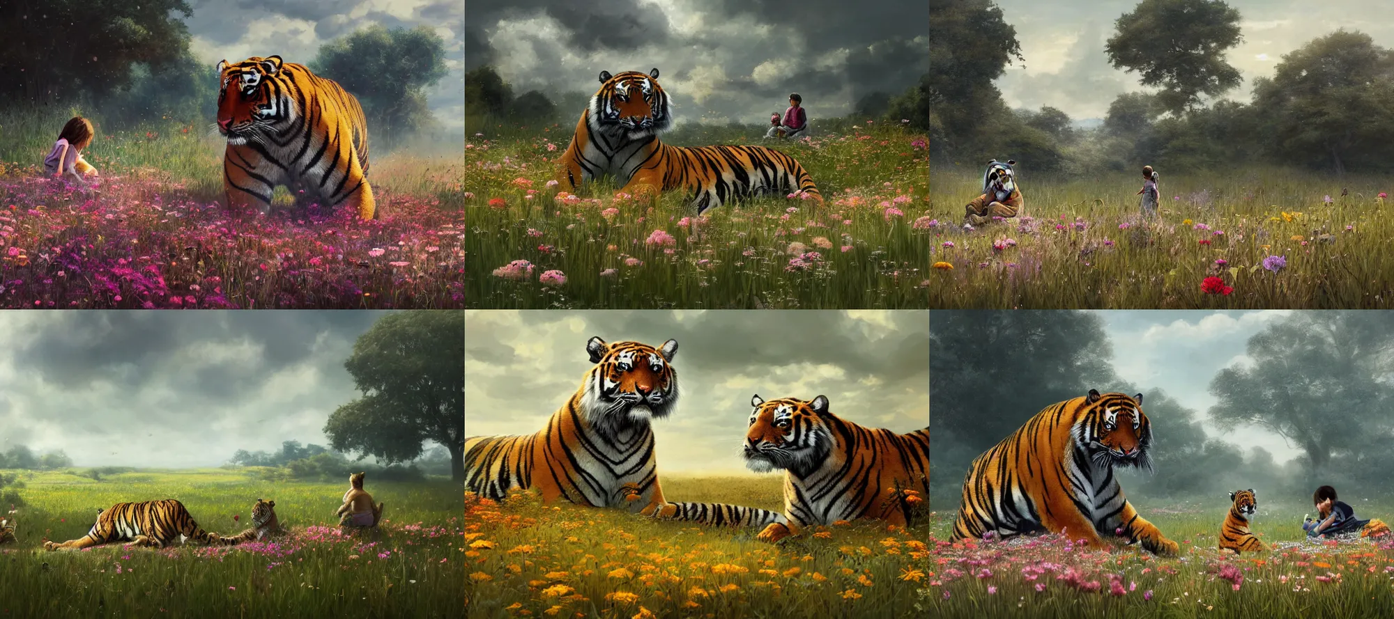 Prompt: a large tiger sits beside a small child in a field of flowers by Greg Rutkowski, Sung Choi, Johnson Ting, Maxim Verehin, Peter Konig, final fantasy, Marco lense, photorealistic 8k, cinematic lighting, HD, high detail, atmospheric, trending on artstation