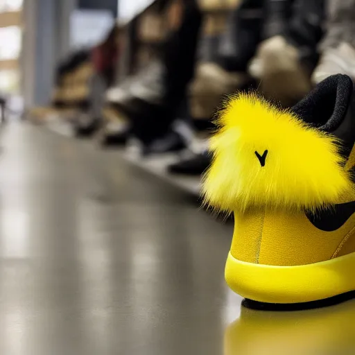 Prompt: nike pikachu model shoe made of very fluffy yellow faux fur placed on reflective surface, professional advertising, overhead lighting, heavy detail, realistic by nate vanhook, mark miner