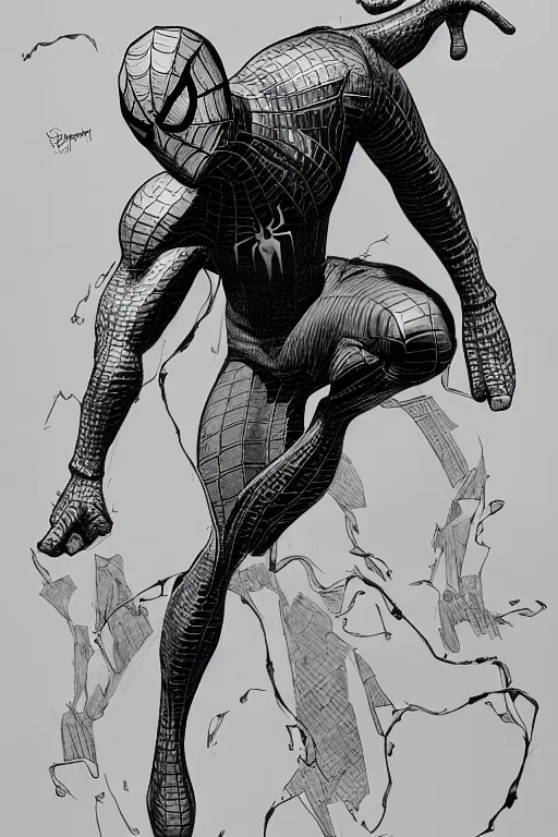 Image similar to full body portrait of spiderman, concept art, sumi - e style, intricate linework, artstation, trending, highly detailed, smooth, focus, art by yoji shinkawa and glenn fabry,