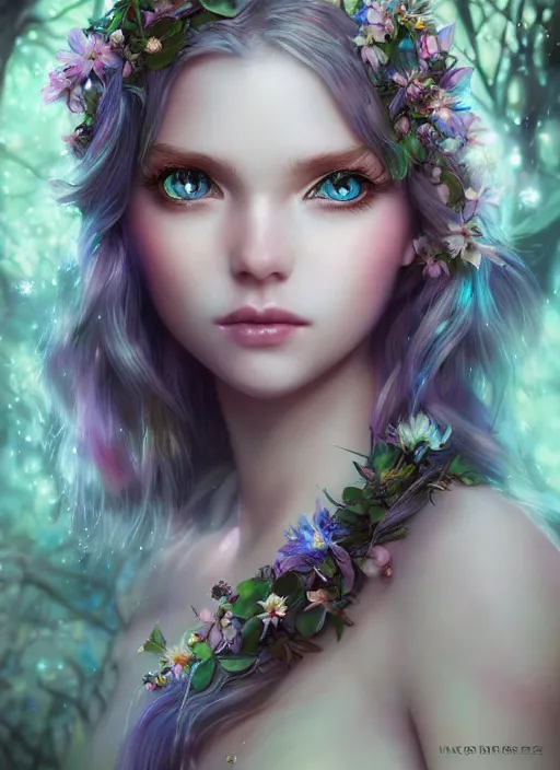 Image similar to portrait of a gorgeous fairy princess of the forest, perfect blue eyes, detailed iridescent floral pattern skin, ultra realistic, cinematic lighting, depth of field, artstation, artgerm, NeoArtCorE