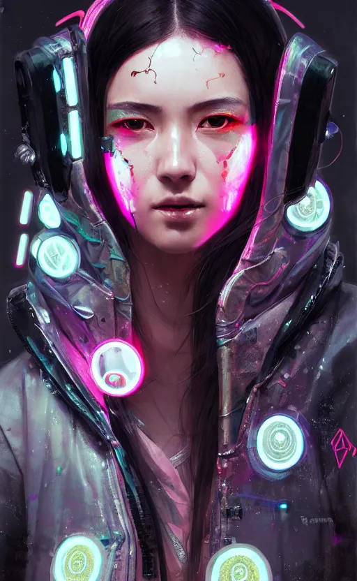 Prompt: detailed portrait petite brunette woman with asian eyes and thick lip neon operator girl, cyberpunk futuristic neon, reflective puffy coat, decorated with traditional japanese ornaments by ismail inceoglu dragan bibin hans thoma greg rutkowski alexandros pyromallis nekro rene maritte illustrated, perfect face, fine details, realistic shaded, fine - face, pretty face