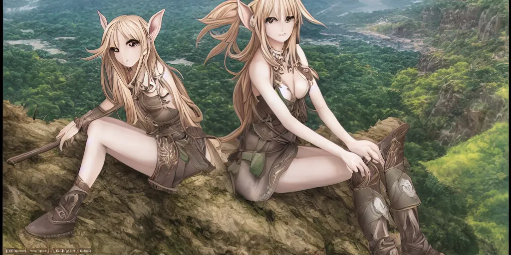 Image similar to alluring highly detailed manga line art wide-angle portrait of (1) a beautiful high-elf girl sitting on the edge of a cliff overlooking a fantasy valley, very detailed, realistic