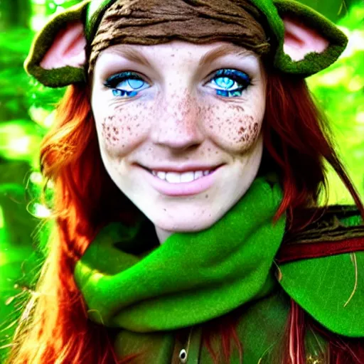 Image similar to elf druid, feminine, smiling, freckles, green eyes, red hair, tall