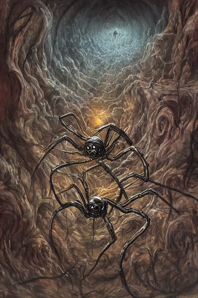 Image similar to alien spider floating in a dark cave with intricate writing on the walls contrasting colors, Dan Seagrave