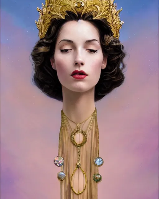 Image similar to a beautiful goldish woman, pinup pose, long hair, tall and thin, wearing dozens of pendants and a gown of gold, small delicate crown of the sea on her head, illustration, symmetry accurate features, volumetric light clouds, ultra realist soft painting, (art nouveau), octane render, 8k, HD, by Tom Bagshaw, Brom, Charlie Bowater, faces by otto schmidt