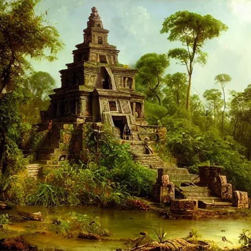 Image similar to aztec temple in the jungle overgrown with vegetation, painting by andreas achenbach
