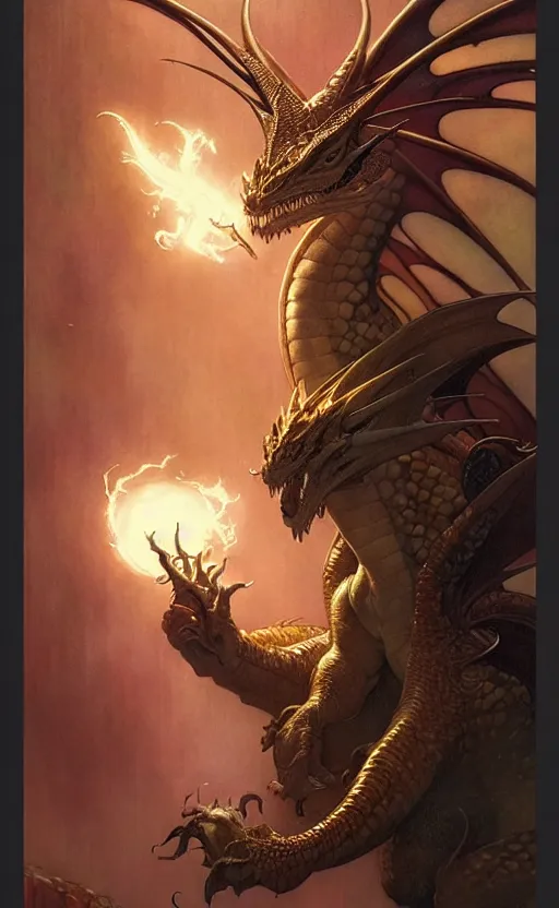 Prompt: magic dragon gorgeous lighting by weta studio, mucha, bautista and norman rockwell and greg rutkowski and tom bagshaw and james gurney and lucasfilm