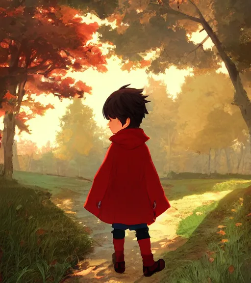 Image similar to attractive little boy character inspired in little red riding hood and cinderace, digital artwork made by akihiko yoshida and makoto shinkai