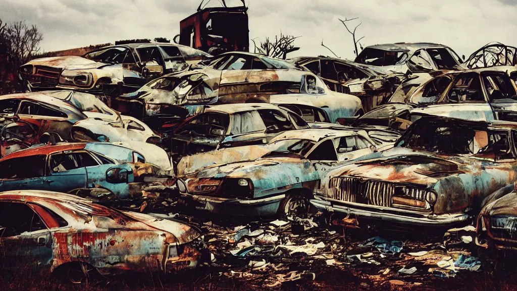 Prompt: lomography photo of a junk yard