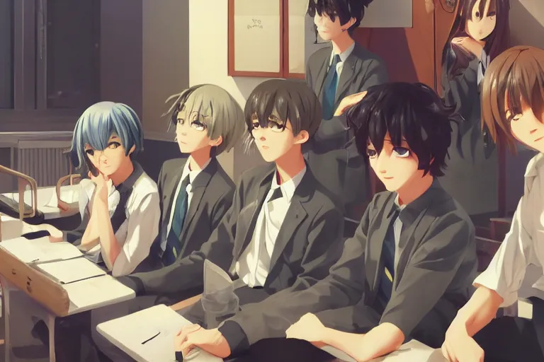 boy's love anime modern high school classroom in, Stable Diffusion