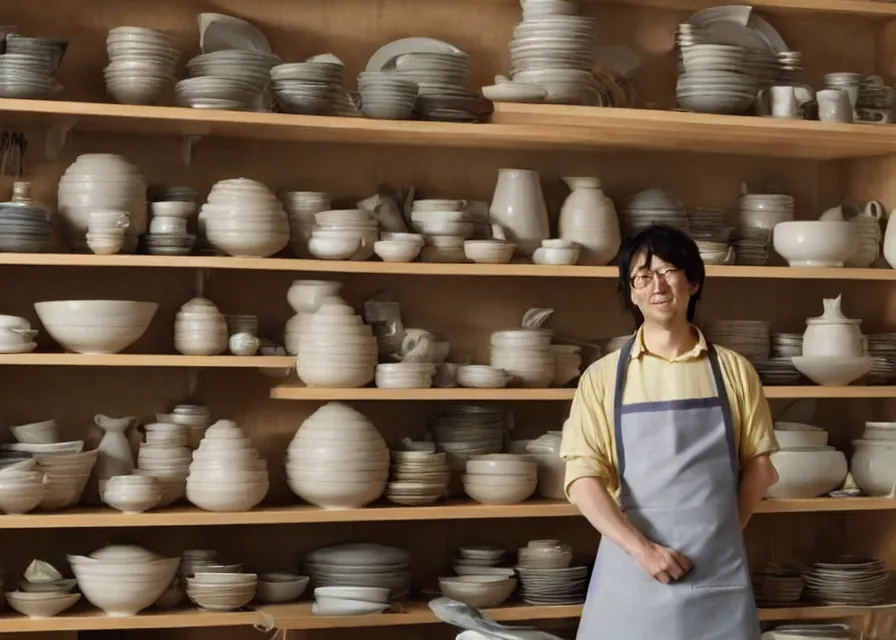 Prompt: an interior room with shelves stacked with ceramics and a person wearing an apron behind a potter's wheel, makoto shinkai, dusty