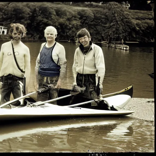 Prompt: mister rivers, johnny halliday and eddy barclay constructing a kayak in normandy, realistic, lomographie,