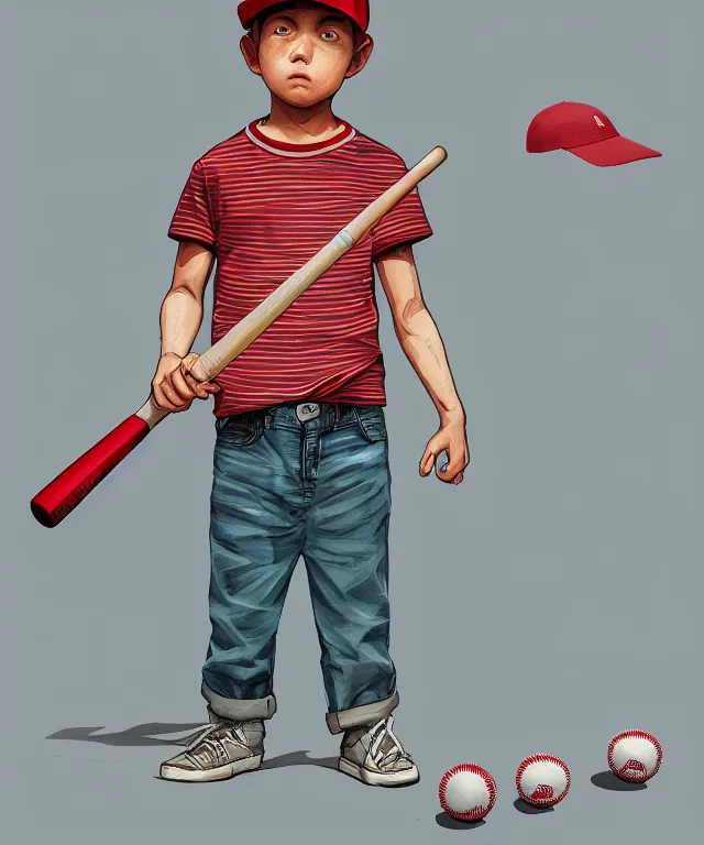 Prompt: a young boy wearing a horizontal striped shirt and a red baseball cap and jean shorts, holding a baseball bat, digital painting, artstation, concept art, sharp focus, octane render, illustration, art by geof darrow,