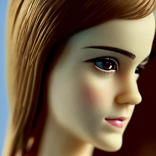 Prompt: photograph of emma watson barbie doll, detail closeup, studio lighting