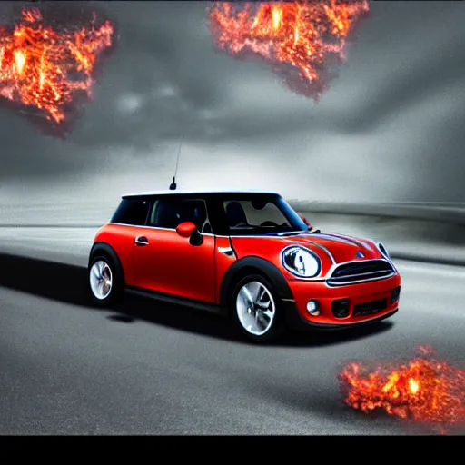 Image similar to a mini cooper ramping over a flaming bridge, digital art