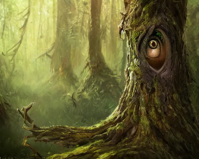 Image similar to a talking tree, a face in the bark, big eyes, in the forest, fantasy concept art, oil painting, whide shot, hyperrealistic, highly detailed, artstation, cgsociety