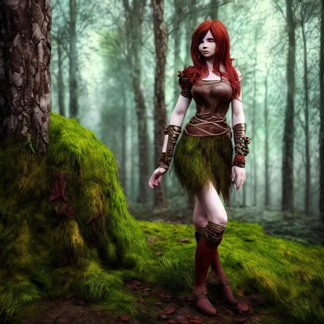 Prompt: full body shot, fantasy outfit hero pose of a beautiful short red - brown haired girl with very light skin with mossy forest in the background, highly detailed, 8 k, hdr, digital art, octane render, neo classical appeal award - winning, trending on artstation, ann stokes