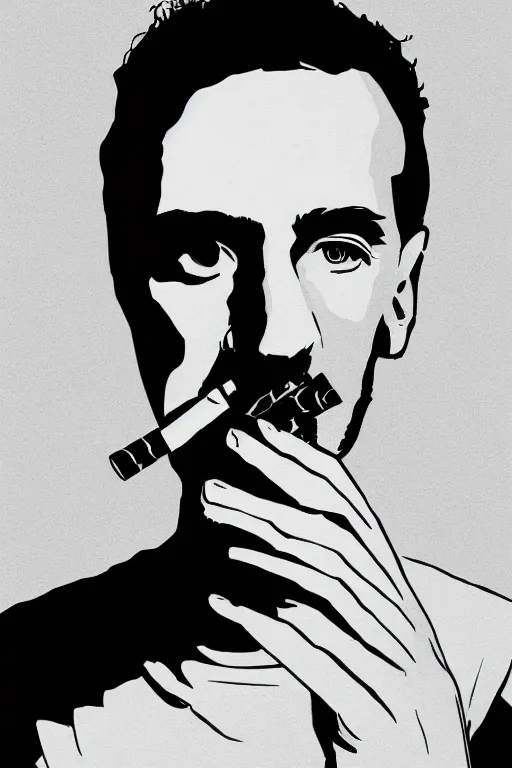 Prompt: portrait of a man enjoying a cigarette, by nicholas delort, artstation, smooth, graphic black and white. intricate, elegant, central composition, golden ratio,