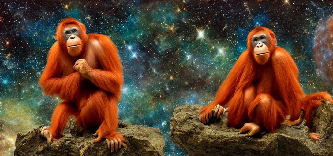 Prompt: Large diorama, celestial orangutan posing in the style of Beata Ludovica Albertoni, galaxy background