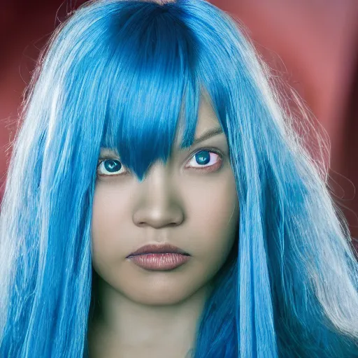 Prompt: portrait of a woman with darker skin with long blue hair and blue eyes, movie still, high definition, colored