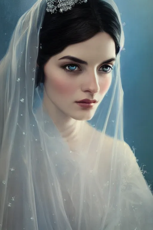 Prompt: Ameera al-Taweel, bright blue eyes, long wavy black hair, white veil, closeup, focus face, elegant, highly detailed, centered, oil painting, artstation, concept art by tom bagshaw