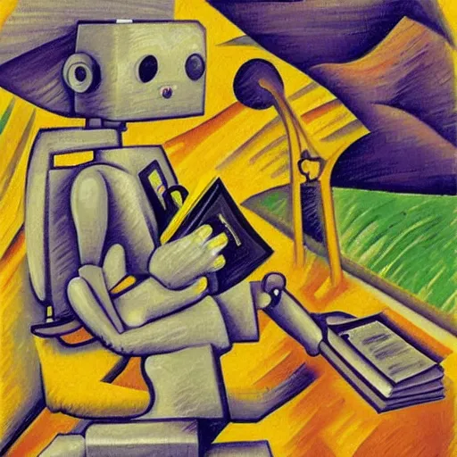 Prompt: A robot reading a book in a park, autumn, colorful, in the style of Umberto Boccioni