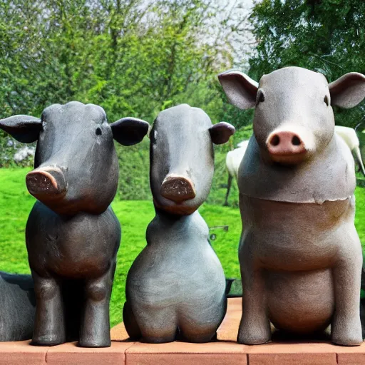 Image similar to statue of a pig, a cow, a horse, a chicken and a sheep