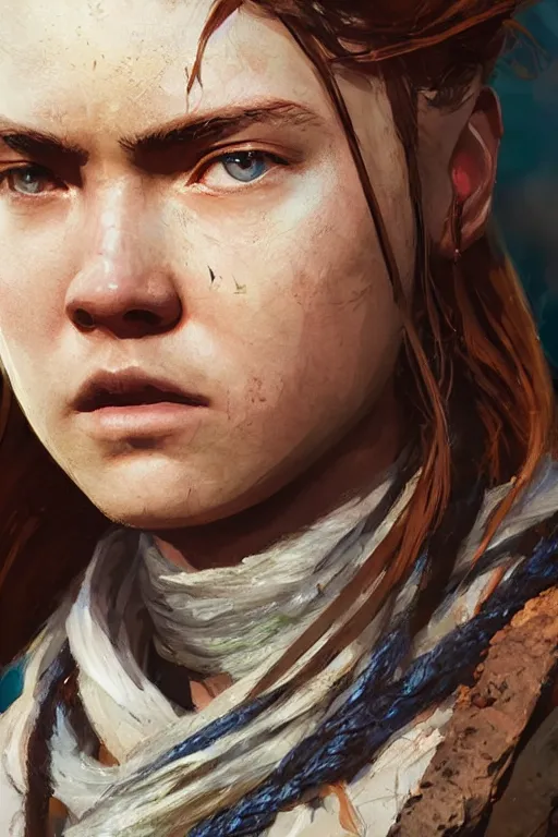 Prompt: aloy from horizon : forbidden west. digital painting by jeremy man and greg rutkowski, closeup portrait. shallow depth of field field.