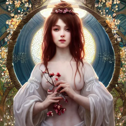 Image similar to a photograpic portrait of a anthropomorphic cherry - blossom wearing white clothes, fantasy, intricate, elegant, highly detailed, digital painting, artstation, concept art, smooth, sharp focus, illustration, art by artgerm and h r giger and alphonse mucha